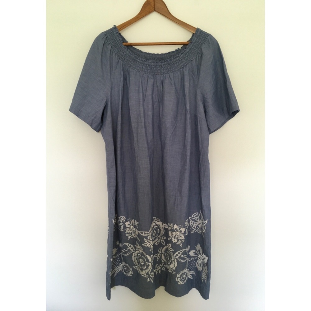 Talbots Chambray On Or Off Shoulder Dress 16 Embroidered Floral Smocked $159.00